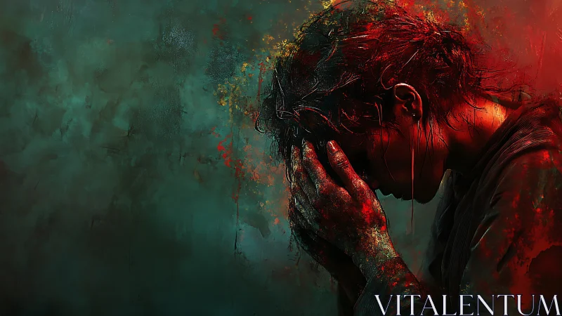 Person holding head in hands against dark abstract background