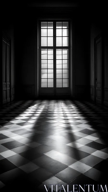 Sunlit window casts long shadows across checkerboard floor.