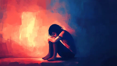 Solitary seated figure in contrasting warm and cool light.