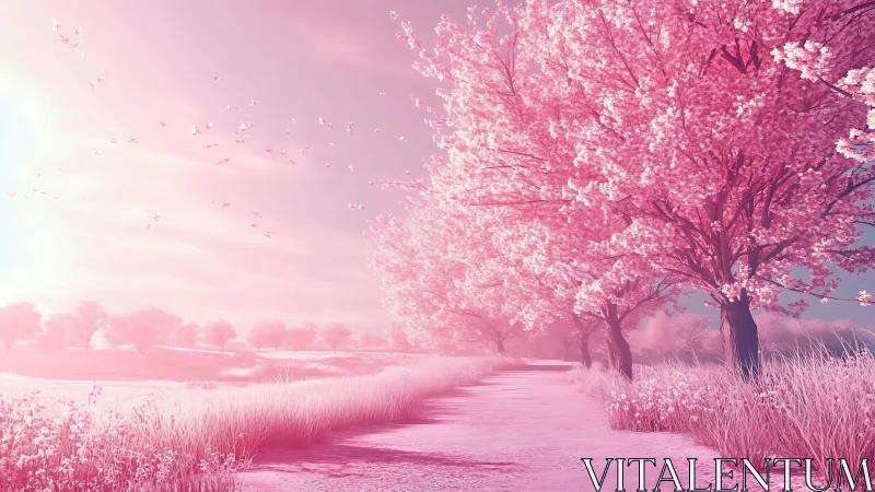 Pink blossom pathway extends through glowing spring landscape