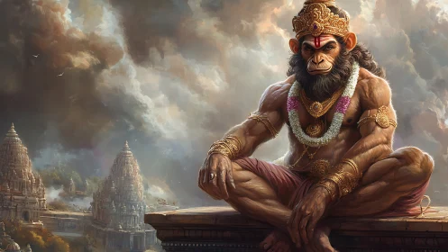 Majestic monkey deity resting above ancient temples.
