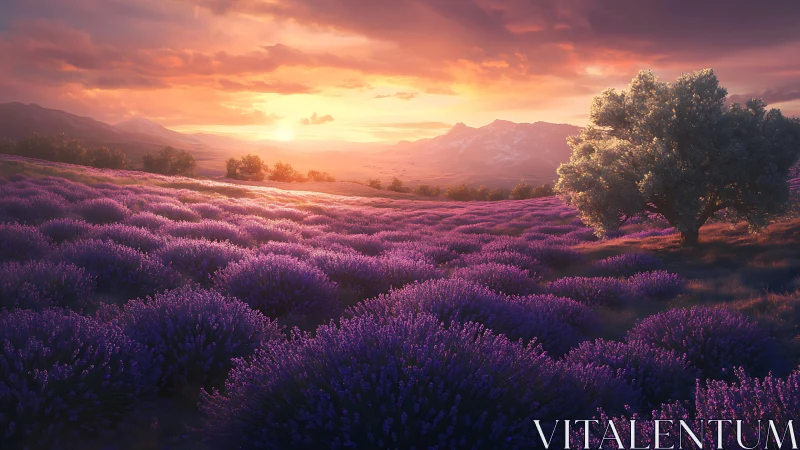 Lavender fields glow beneath a radiant mountain sunset.