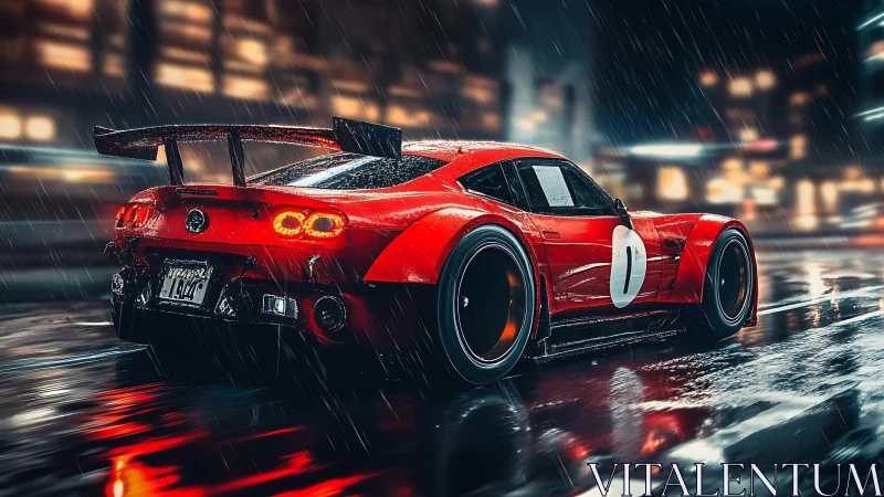 Red race car in wet neon city street at night scene.