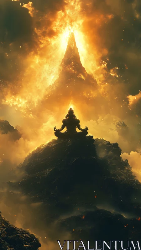 Meditative silhouette aligns with ascending volcanic light cone