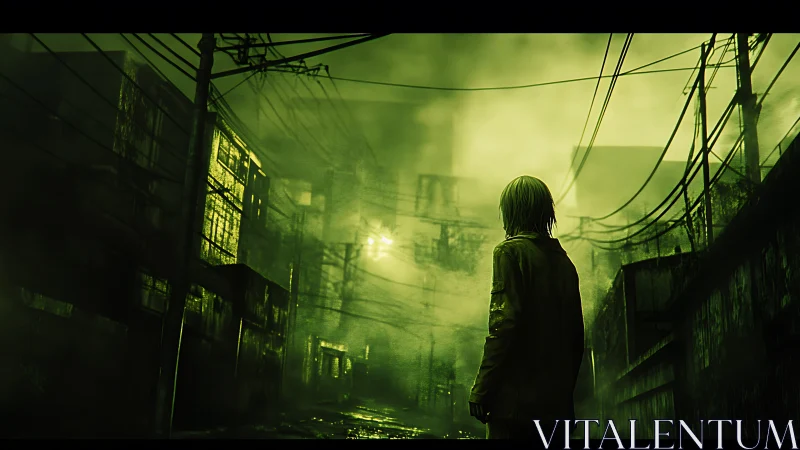 Lone figure walks toxic green alley under tangled wires.