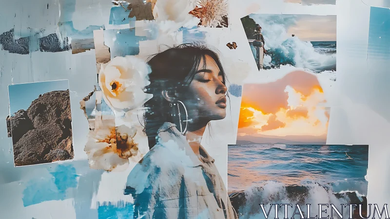Collaged seascape photographs overlay a calm female portrait