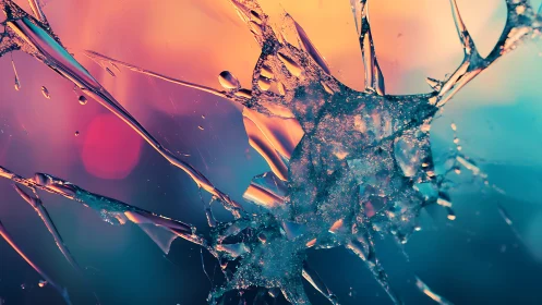 Abstract macro of shattered glass with colorful bokeh lighting.