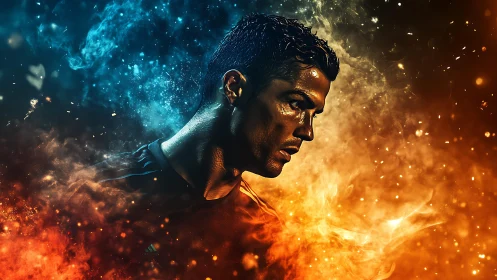 Profile of male athlete rendered amid blue and orange smoke