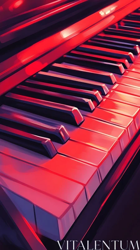 Chromatic close-up of piano keybed under neon reflections.