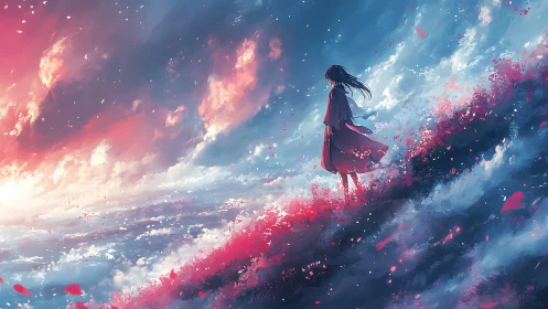 Solitary dreamer walking the edge of a painted sky.