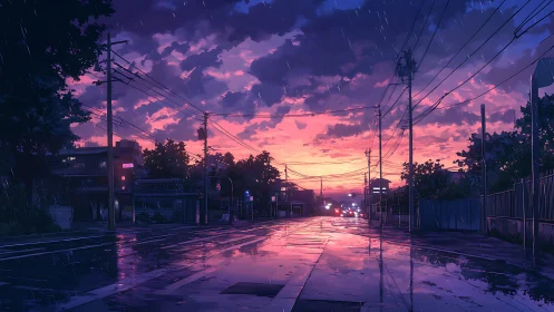 Rain-soaked suburban street under vivid neon dusk sky.