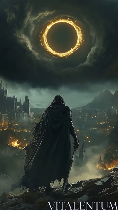 Dark fantasy warlord under eclipsed celestial ring skyscape.