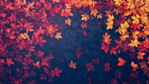 Autumn leaves in red and gold framing dark ground space.