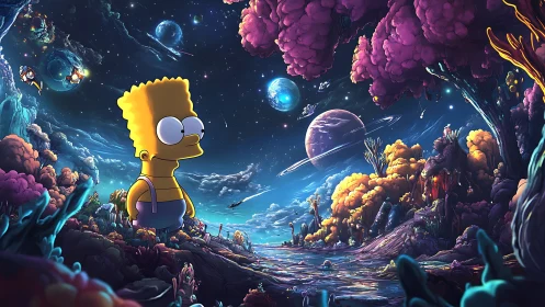 Bart explores a neon cosmic forest beneath glowing planets