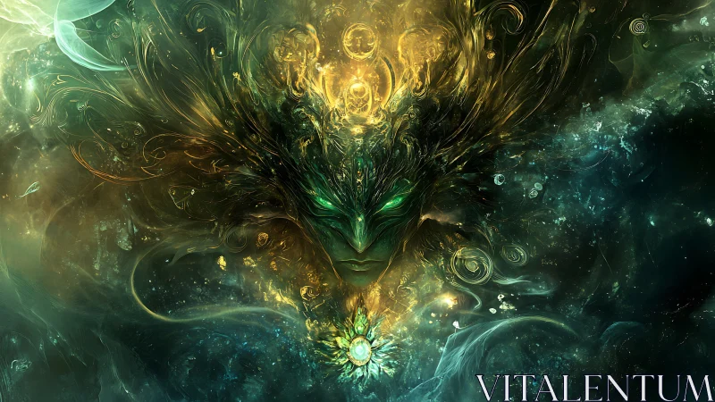 Ethereal green-faced entity in swirling cosmic aura.