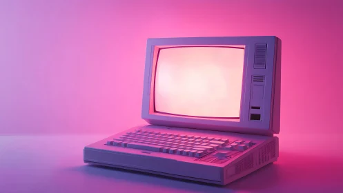 Vintage desktop computer under uniform pink studio lighting.