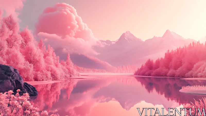 Dreamlike pink alpine lake under luminous pastel sky.