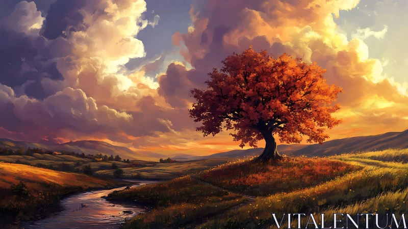 Solitary autumn tree on hill under dramatic sunset sky.