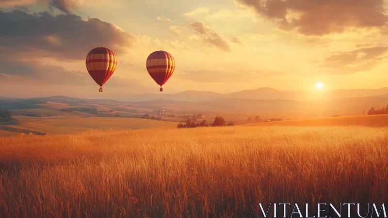 Digital painting of hot air balloons over golden plains at dusk.