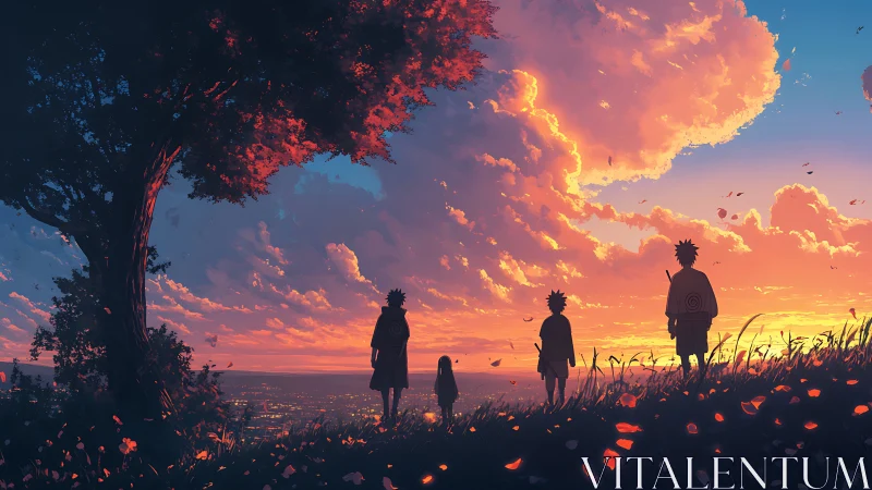 Silhouetted friends watch a glowing sunset over a vast city