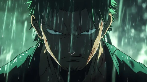 Resolute swordsman stands unshaken in the stormy rain.