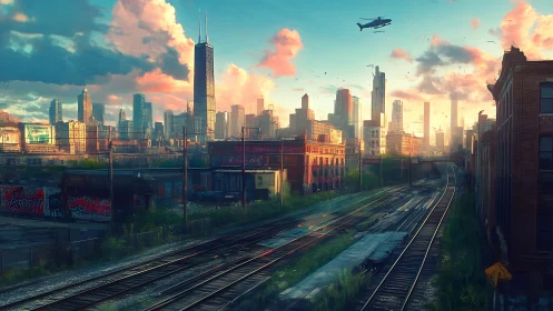 Sunlit rail corridor leads toward a futuristic urban skyline