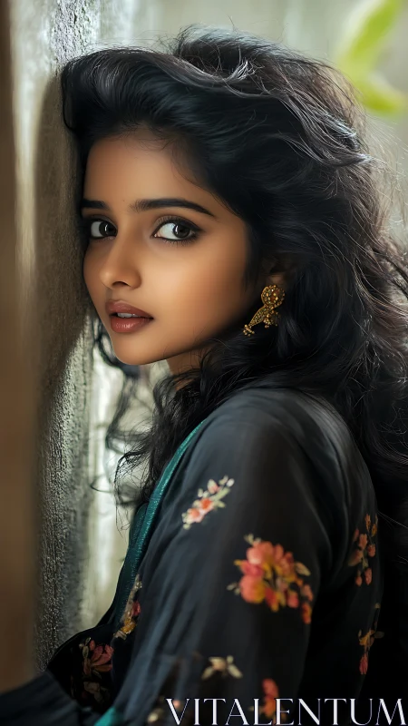 Gentle portrait of a girl in a floral dress and soft light.