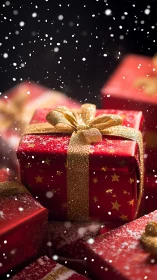 Gold-ribboned gifts glow as snowfall turns wrapping into starlight