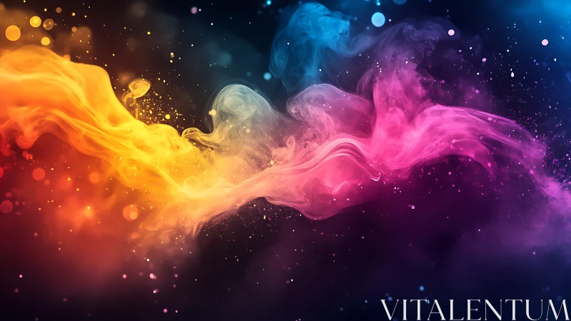 Vibrant neon color clouds swirl across a cosmic dark void