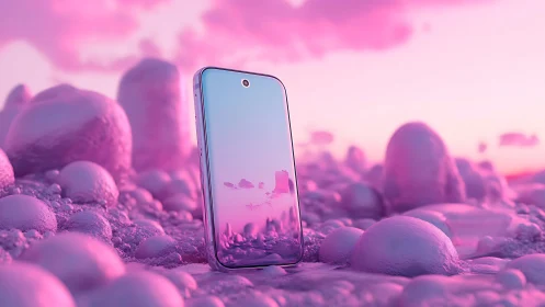 Iridescent smartphone stands in surreal pink reflective terrain