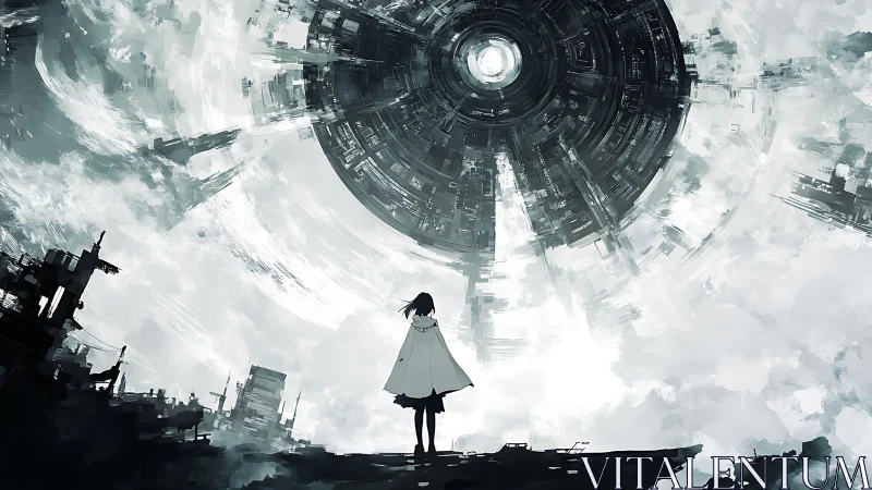 Lone figure beneath colossal rotating orbital gateway.