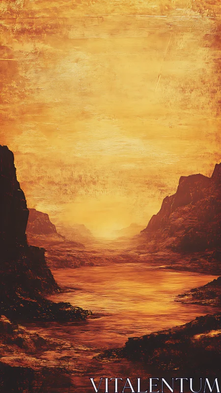 Molten canyon dusk over a burning river of silent light.