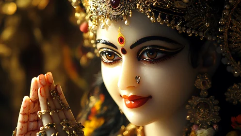 Divine goddess idol gazes serenely amid warm golden light