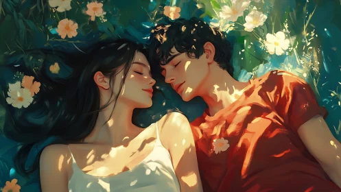 Intimate Moment: Two figures embrace among sun-dappled flowers.