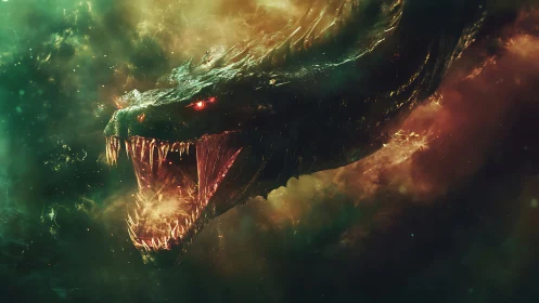 Star-devouring dragon erupts from cosmic stormfire veil.