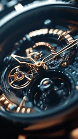 Macro view of luxury skeleton watch movement in motion.
