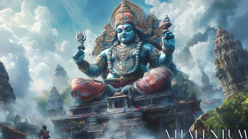 Sky-temple deity in serene blue watching over misty ruins.