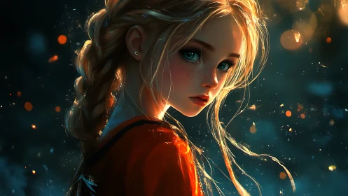 Digital painting portrait with ember-lit rim lighting and bokeh depth.