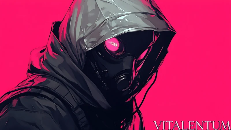 Neon-hooded gasmask rogue against blinding magenta void.