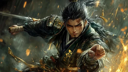Fierce lone samurai slicing through storm and firelight.