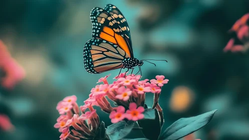 Butterfly pauses on coral blooms in a dreamy garden glow.