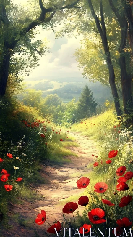 Sunlit forest path winding through red poppy meadow.