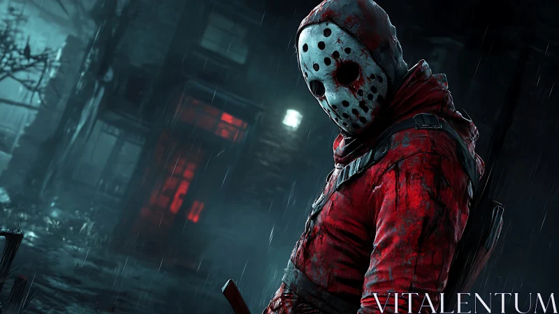 Masked slasher in red jacket stalks rain‑soaked alleyway.