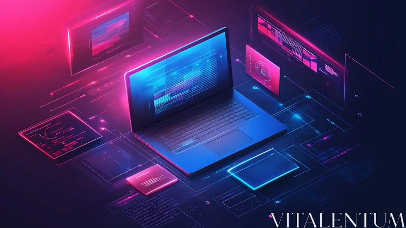 Isometric laptop renders neon UI panels in layered virtual workspace