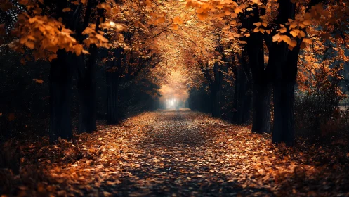 Autumn tree tunnel with glowing vanishing point perspective.