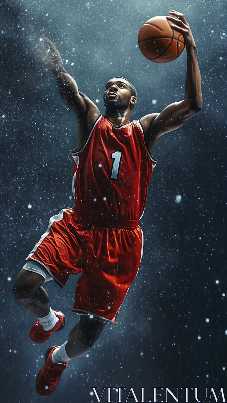 Basketball player executes elevated dunk in simulated snowfall