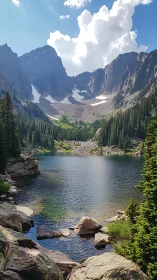 Alpine lake framed by rugged peaks and dense evergreen forest.