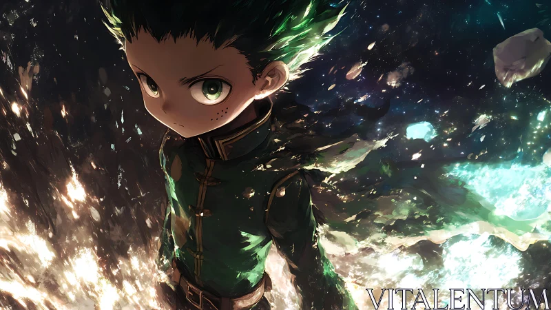 Starlit student hero strides through a cosmic storm of power.