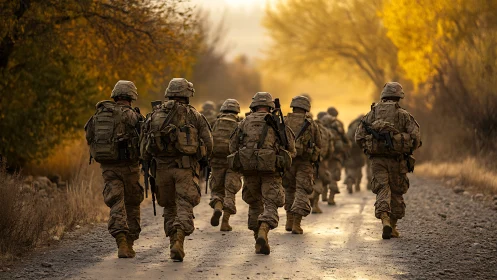 Infantry patrol moving along rural dirt road at dusk.