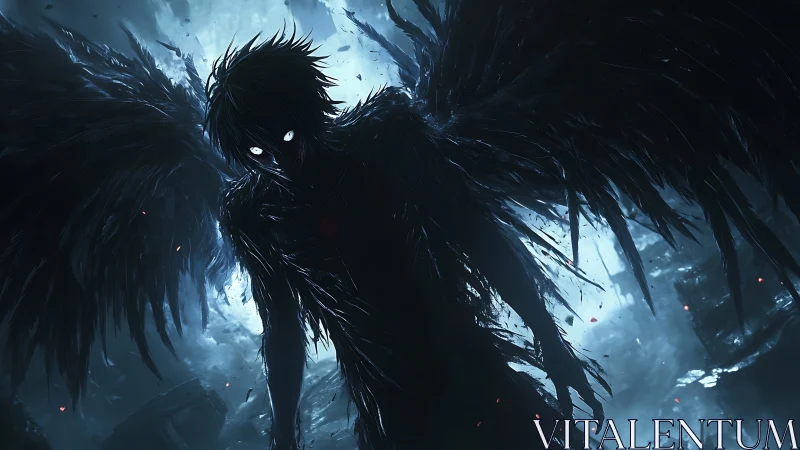 Dark winged humanoid figure in cold luminous abyss.